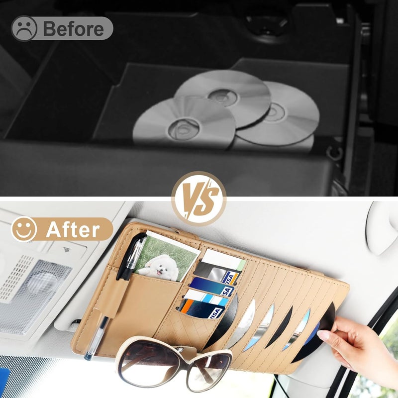 alpmosn Sun Visor CD Case Holder for Car - Multi-Function Visor Organizer with CD/DVD Storage, Eyeglass Clip, Card Slots & Pen Holder, Durable Leather Car Accessories (Beige) - Image 5